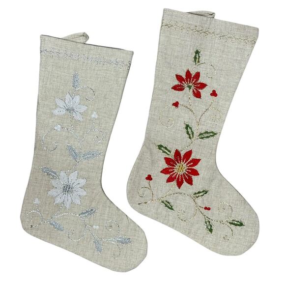 Splendid Home‎ Linen Blend Embroidered Poinsettia Lined Christmas Stockings Pair - Picture 1 of 8